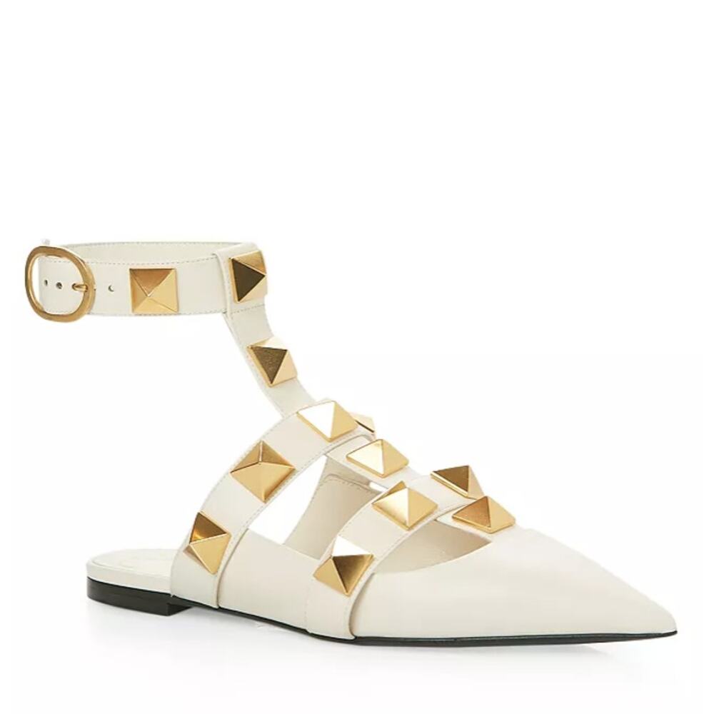 Valentino Garavani 'Roman' White Leather Stud Ballerina Shoes Size 6.5